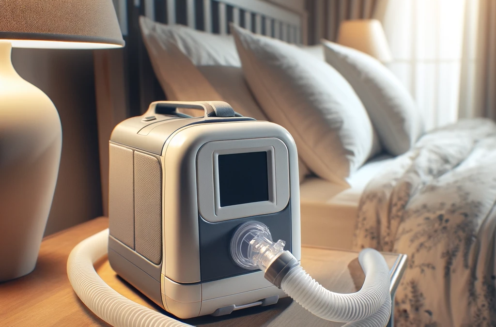 A small, sleek CPAP machine on a bedside table next to a bed in a cozy, warmly lit bedroom, with the hose attached, symbolizing effective sleep apnea management.