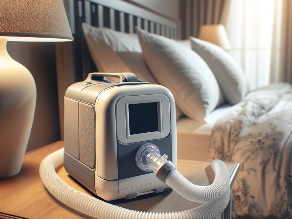 A small, sleek CPAP machine on a bedside table next to a bed in a cozy, warmly lit bedroom, with the hose attached, symbolizing effective sleep apnea management.