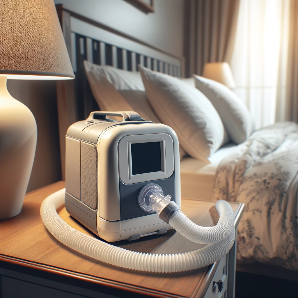 A small, sleek CPAP machine on a bedside table next to a bed in a cozy, warmly lit bedroom, with the hose attached, symbolizing effective sleep apnea management.