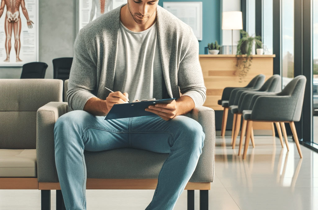 A person seated in a chiropractic clinic's waiting area, completing paperwork for a chiropractic appointment.