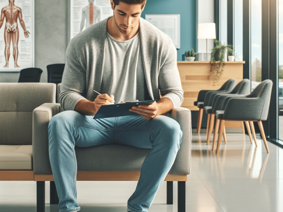 A person seated in a chiropractic clinic's waiting area, completing paperwork for a chiropractic appointment.