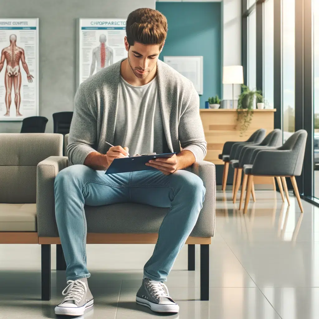 A person seated in a chiropractic clinic's waiting area, completing paperwork for a chiropractic appointment.