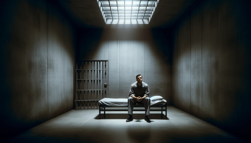 A solemn man sits on a bed in a barren jail cell, contemplating the consequences of neglecting road safety.