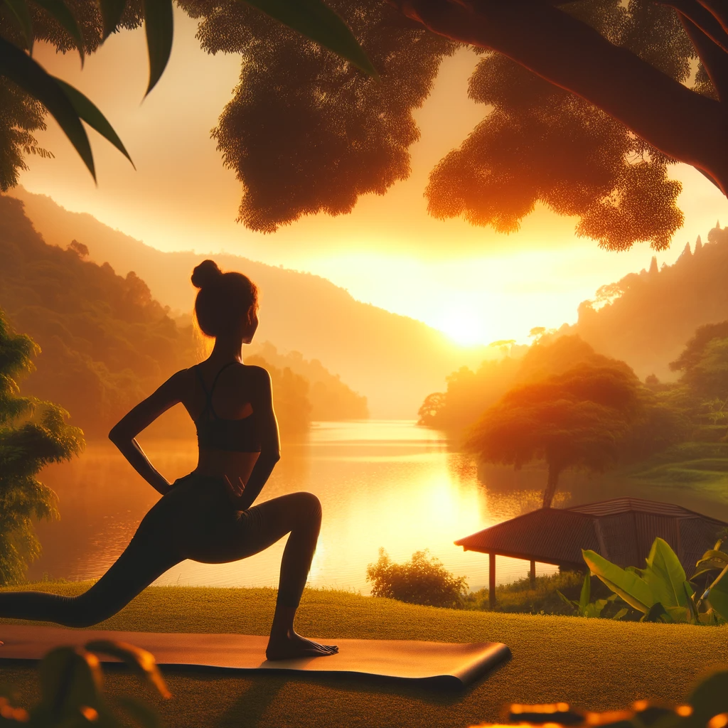 Lower back pain relief through yoga: a silhouette of a woman practicing yoga in a serene outdoor setting.