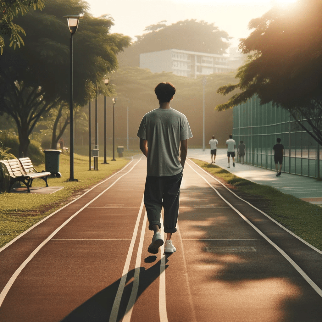 An active individual is seen walking briskly on an outdoor track in a peaceful park, embodying an active and healthy lifestyle.