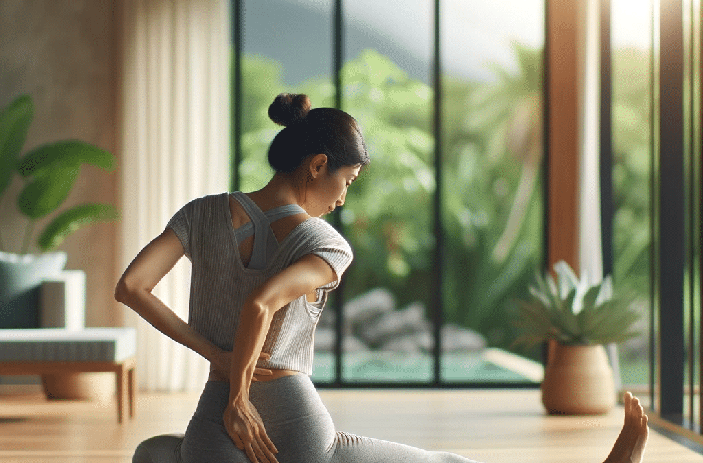 A woman in exercise attire is stretching her lower back on a yoga mat in a serene room, focusing on alleviating sciatic pain.