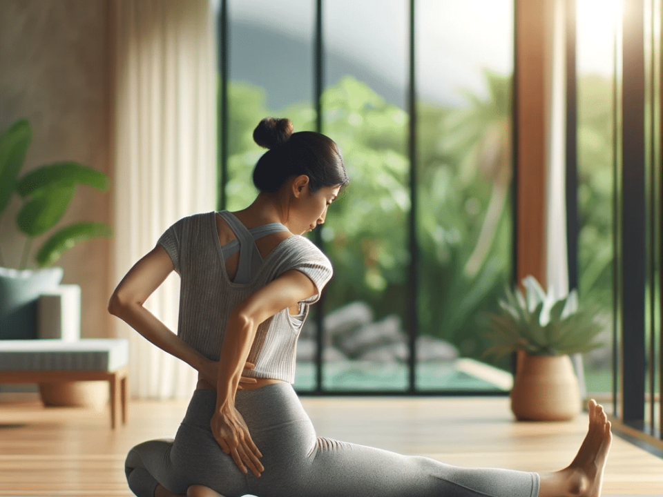 A woman in exercise attire is stretching her lower back on a yoga mat in a serene room, focusing on alleviating sciatic pain.