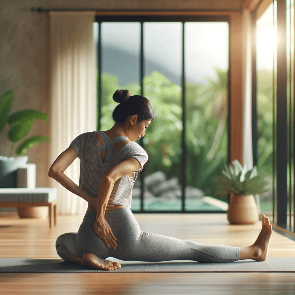 A woman in exercise attire is stretching her lower back on a yoga mat in a serene room, focusing on alleviating sciatic pain.