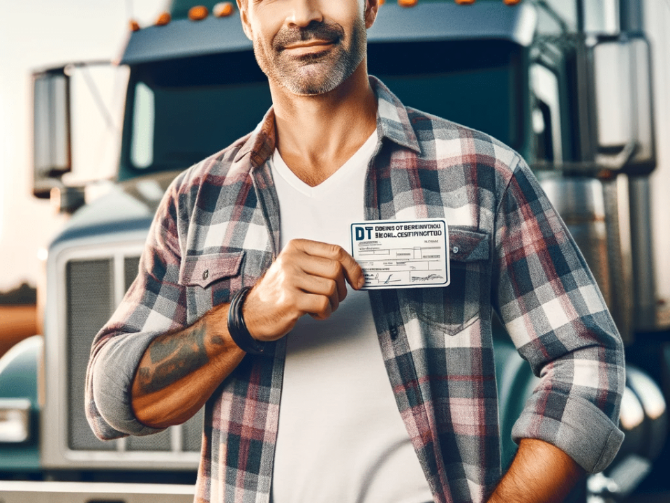 DOT Physical card held by confident truck driver after passing his exam.