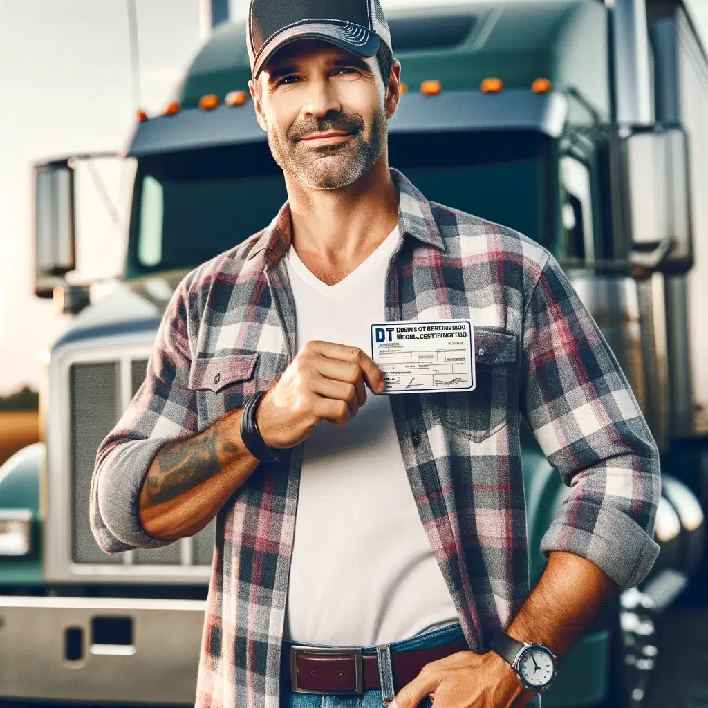 DOT Physical card held by confident truck driver after passing his exam.