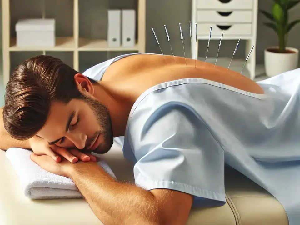 Acupuncture is being shown on a man lying on his stomach, wearing a hospital gown open at the back, receiving medical acupuncture on his upper back in a clean and professional environment. Acupuncture is depicted as a therapeutic and relaxing treatment.