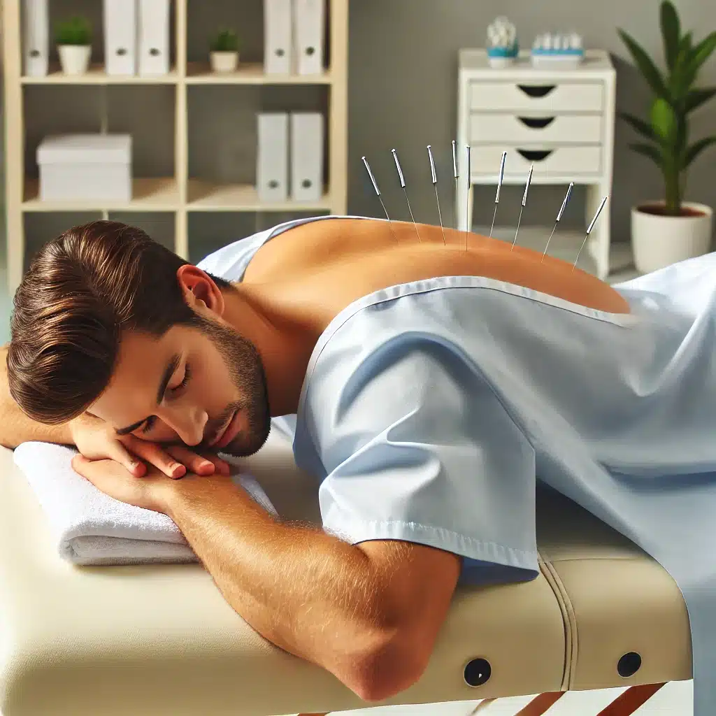 Acupuncture is being shown on a man lying on his stomach, wearing a hospital gown open at the back, receiving medical acupuncture on his upper back in a clean and professional environment. Acupuncture is depicted as a therapeutic and relaxing treatment.