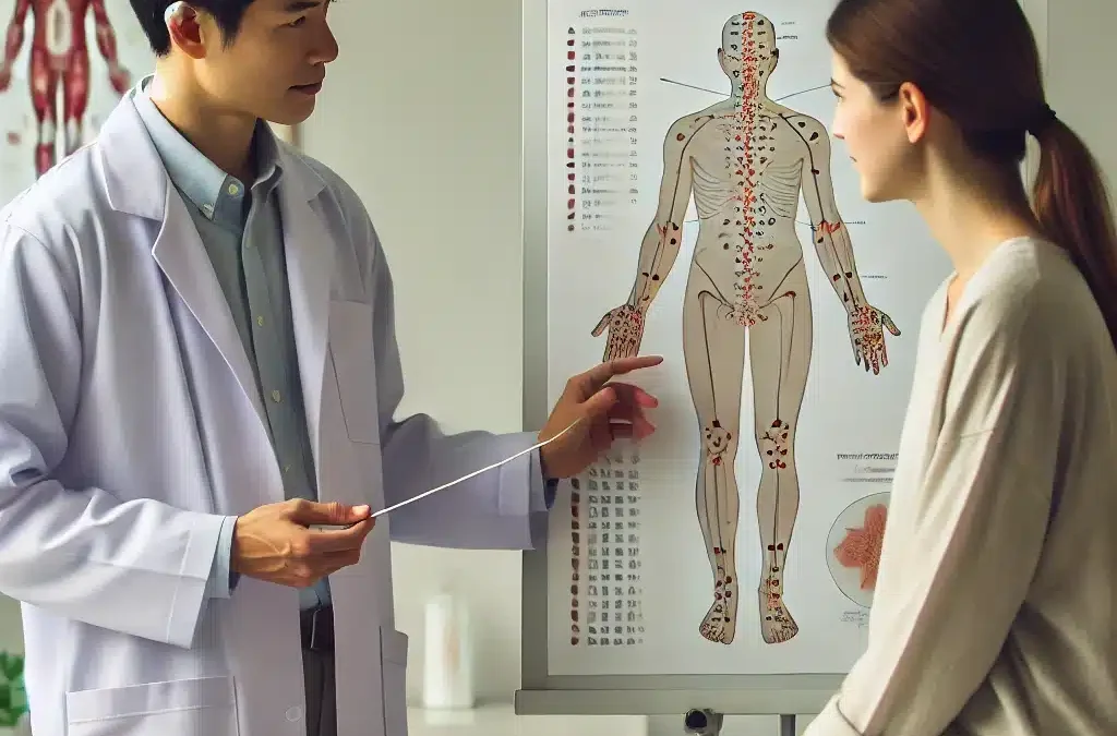 This image shows a doctor explaining about acupuncture to a patient using an anatomical chart. Learn more about acupuncture and its benefits in a professional medical setting."