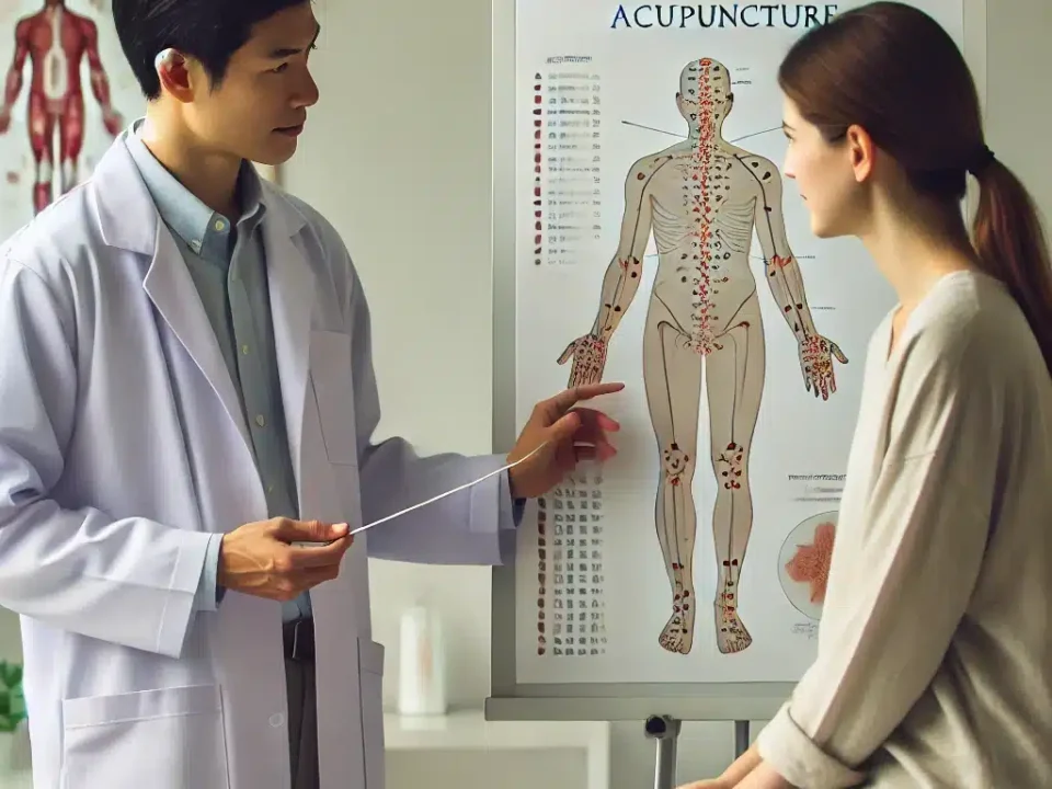 This image shows a doctor explaining about acupuncture to a patient using an anatomical chart. Learn more about acupuncture and its benefits in a professional medical setting."