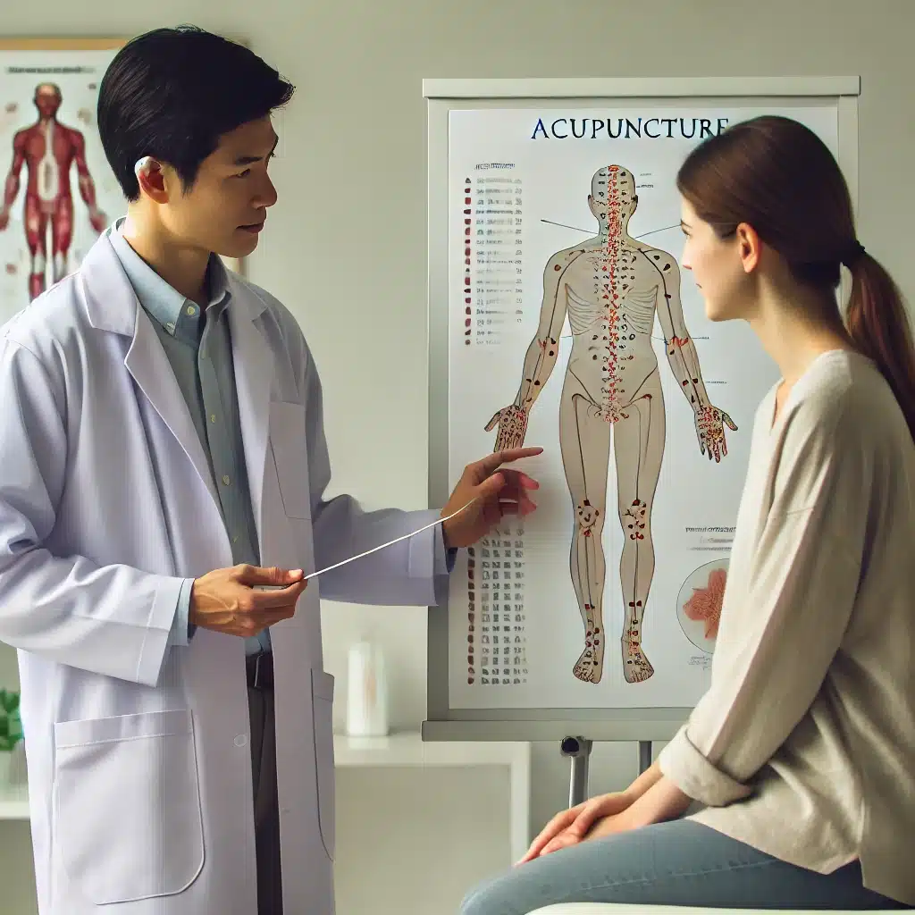 This image shows a doctor explaining about acupuncture to a patient using an anatomical chart. Learn more about acupuncture and its benefits in a professional medical setting."