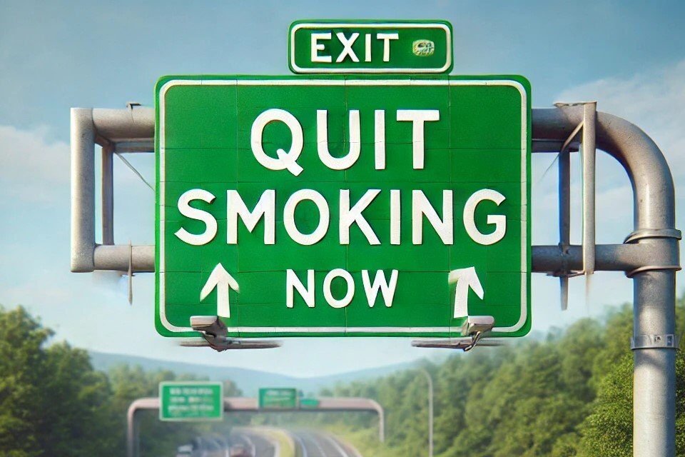 A highway exit sign that reads "Quit Smoking Now" with a clear blue sky and surrounding greenery.