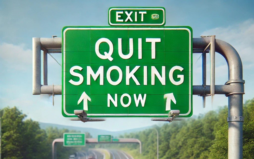 A highway exit sign that reads "Quit Smoking Now" with a clear blue sky and surrounding greenery.